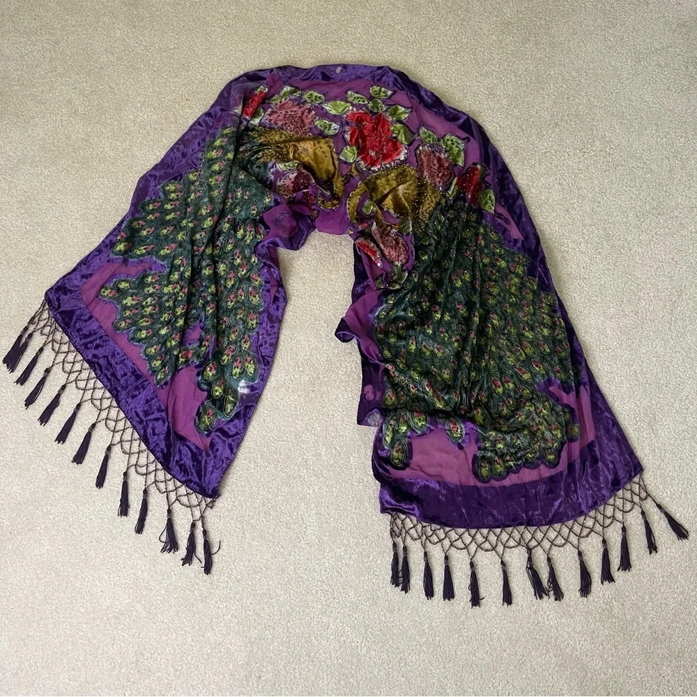Peacock Velvet Silk Blend Burnout Wrap Scarf Shawl - beaded vintage purple - Picture 4 of 15
